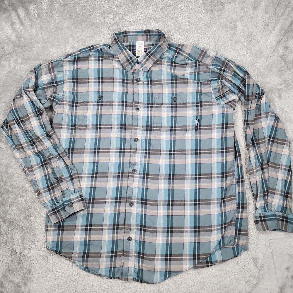 Patagonia Shirt Mens Large Blue Gray Plaid Organic Cotton Button Down Casual